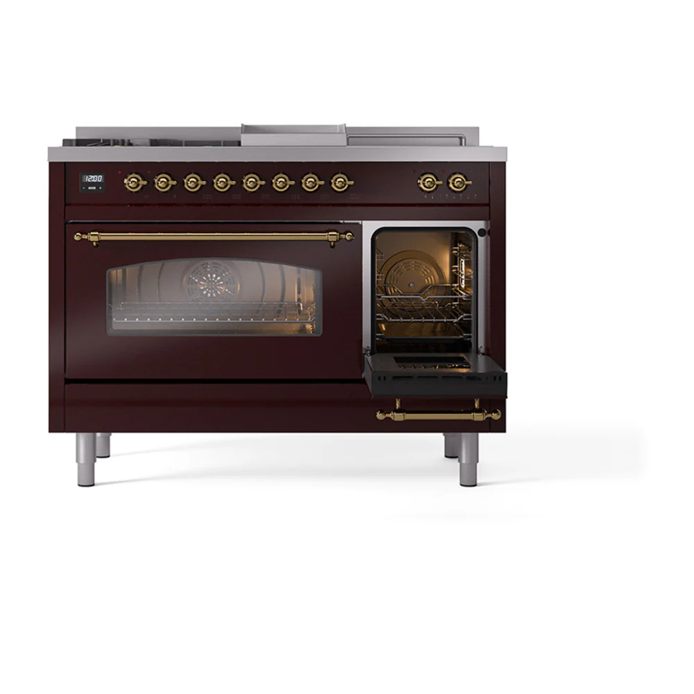 ILVE Nostalgie II 48-Inch Propane Gas Dual Fuel Range with 5 Burners, Griddle, & French Top with Triple Glass Door Oven in Burgundy with Brass Trim (UP48FSNMPBUGLP) - Image 3