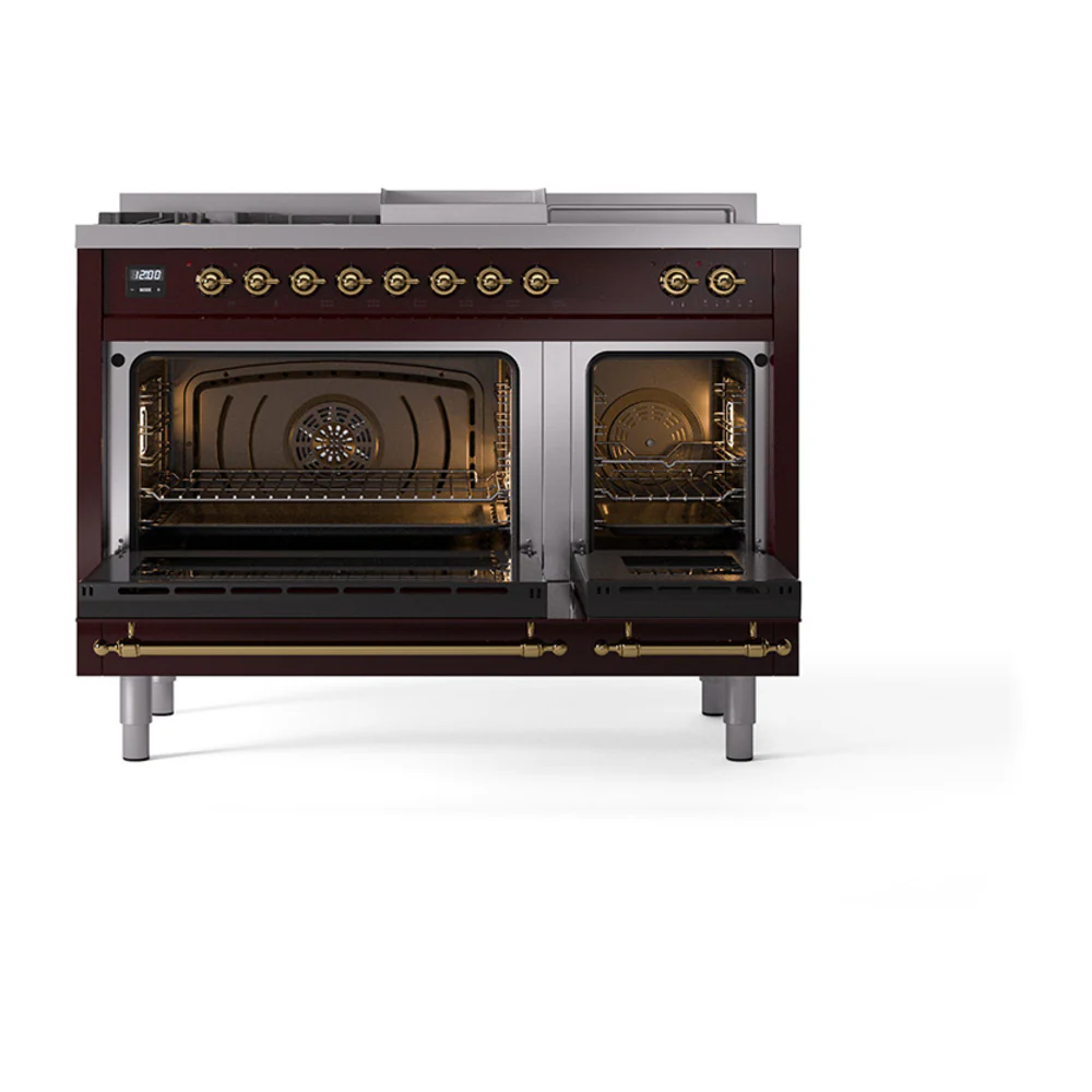 ILVE Nostalgie II 48-Inch Propane Gas Dual Fuel Range with 5 Burners, Griddle, & French Top with Triple Glass Door Oven in Burgundy with Brass Trim (UP48FSNMPBUGLP) - Image 5