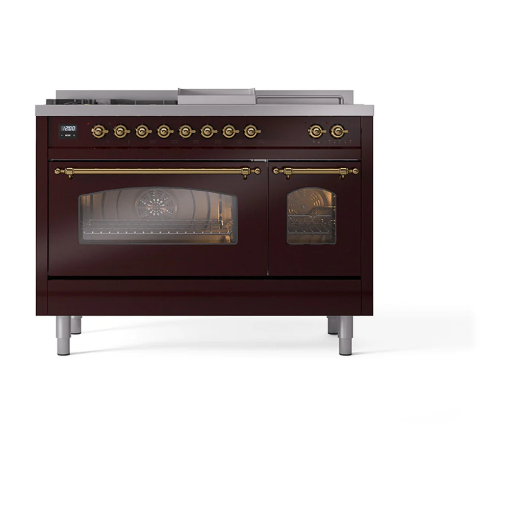 ILVE Nostalgie II 48-Inch Propane Gas Dual Fuel Range with 5 Burners, Griddle, & French Top with Triple Glass Door Oven in Burgundy with Brass Trim (UP48FSNMPBUGLP) - Image 6