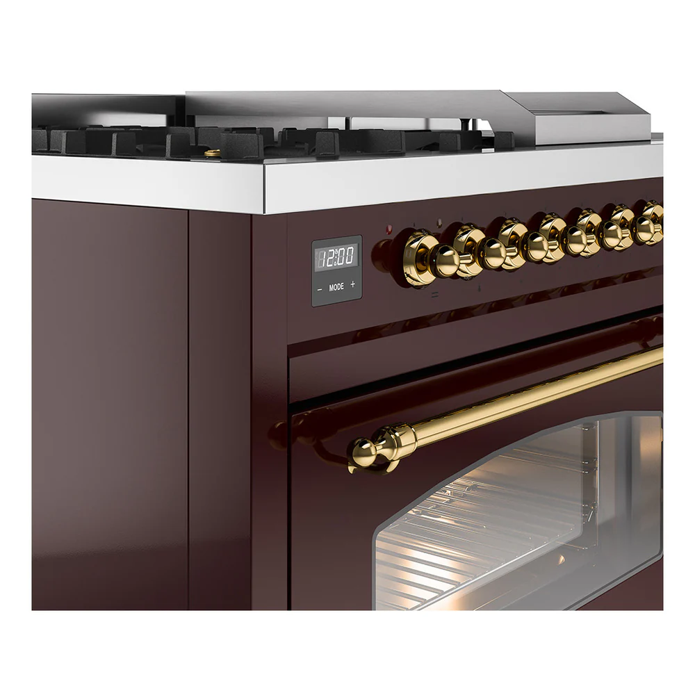 ILVE Nostalgie II 48-Inch Propane Gas Dual Fuel Range with 5 Burners, Griddle, & French Top with Triple Glass Door Oven in Burgundy with Brass Trim (UP48FSNMPBUGLP) - Image 9