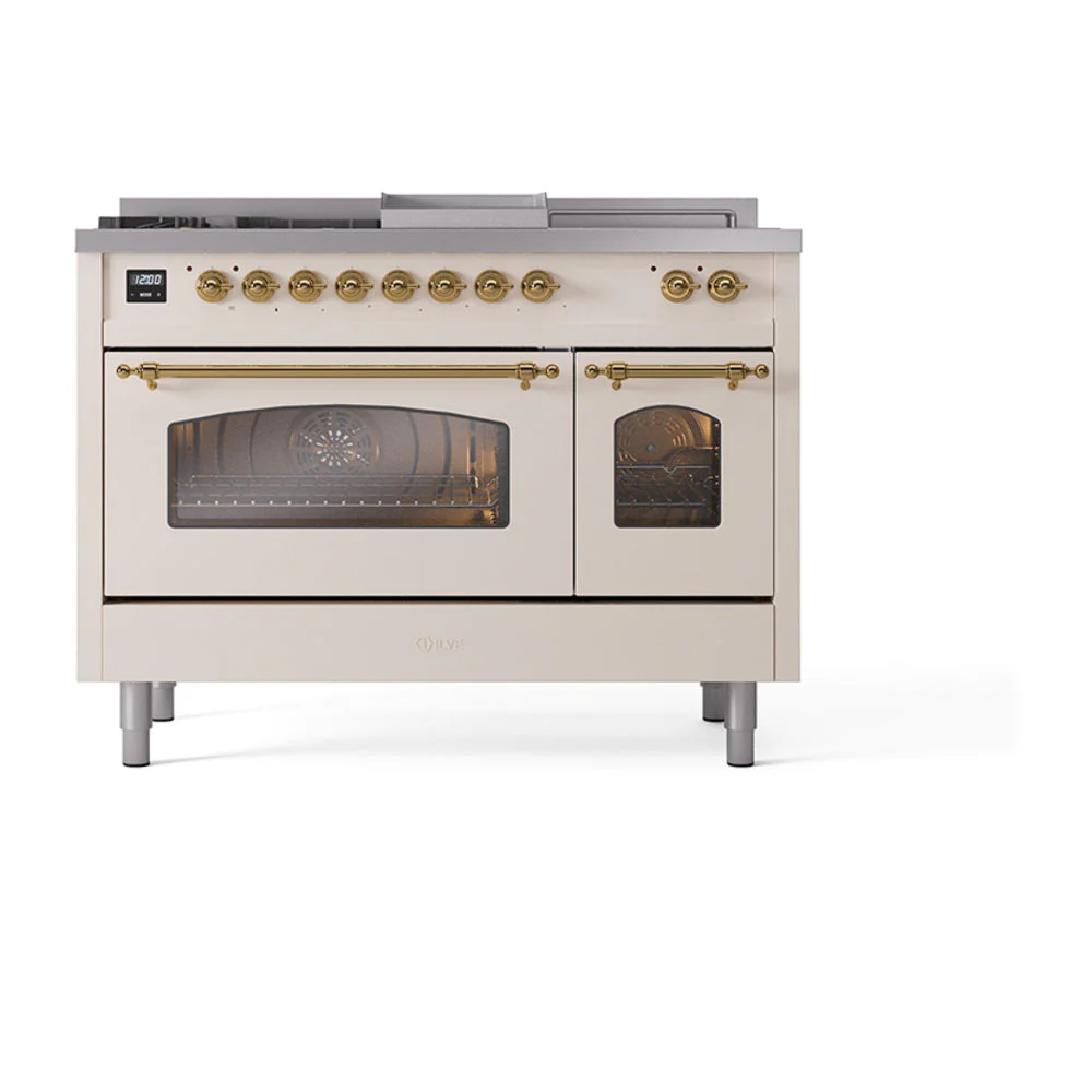 ILVE Nostalgie II 48-Inch Natural Gas Dual Fuel Range with 5 Burners, Griddle, & French Top with Triple Glass Door Oven in Antique White with Brass Trim (UP48FSNMPAWG) - Image 2