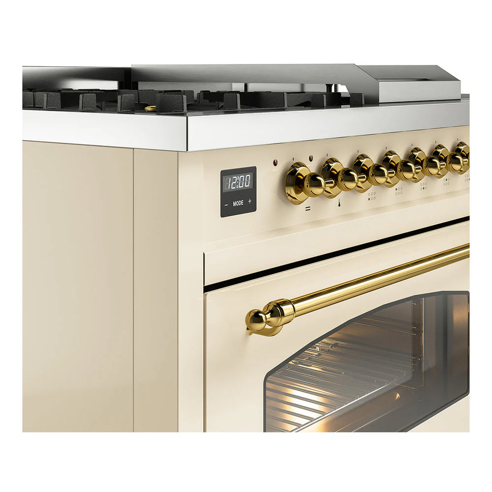 ILVE Nostalgie II 48-Inch Natural Gas Dual Fuel Range with 5 Burners, Griddle, & French Top with Triple Glass Door Oven in Antique White with Brass Trim (UP48FSNMPAWG) - Image 3