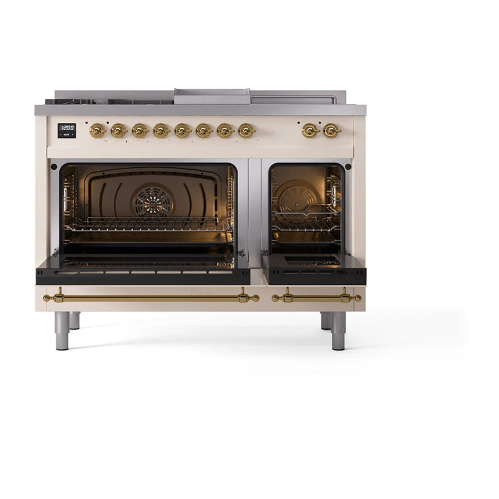 ILVE Nostalgie II 48-Inch Natural Gas Dual Fuel Range with 5 Burners, Griddle, & French Top with Triple Glass Door Oven in Antique White with Brass Trim (UP48FSNMPAWG) - Image 5