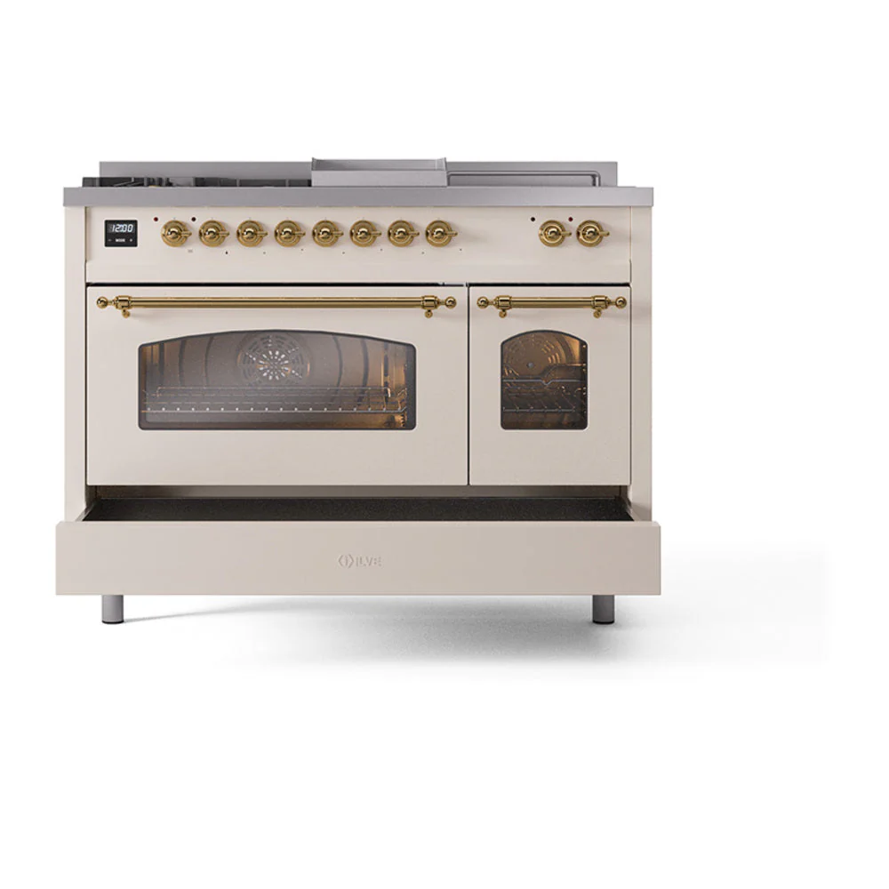 ILVE Nostalgie II 48-Inch Natural Gas Dual Fuel Range with 5 Burners, Griddle, & French Top with Triple Glass Door Oven in Antique White with Brass Trim (UP48FSNMPAWG) - Image 6