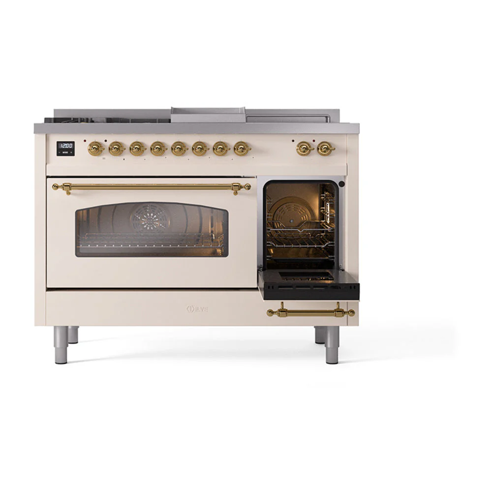 ILVE Nostalgie II 48-Inch Natural Gas Dual Fuel Range with 5 Burners, Griddle, & French Top with Triple Glass Door Oven in Antique White with Brass Trim (UP48FSNMPAWG) - Image 7