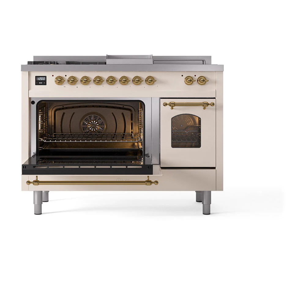 ILVE Nostalgie II 48-Inch Natural Gas Dual Fuel Range with 5 Burners, Griddle, & French Top with Triple Glass Door Oven in Antique White with Brass Trim (UP48FSNMPAWG) - Image 8