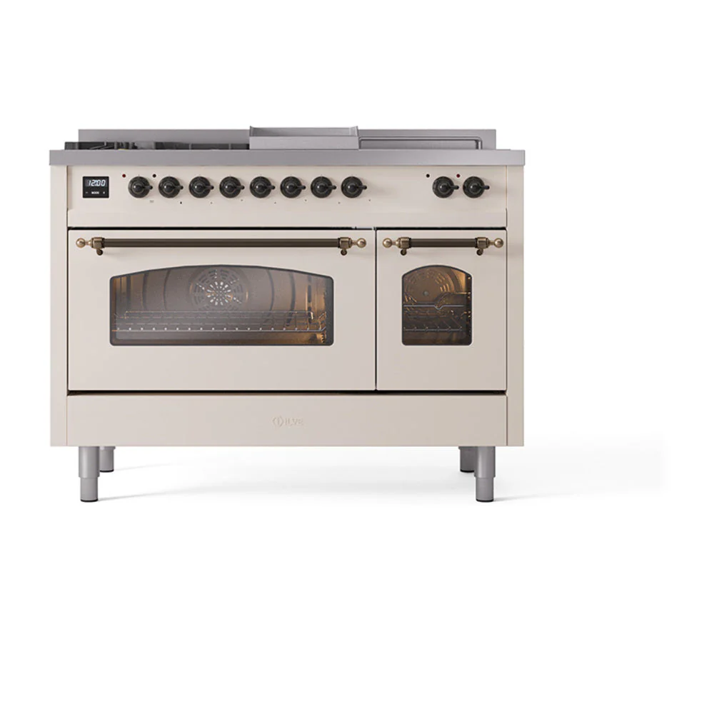 ILVE Nostalgie II 48-Inch Natural Gas Dual Fuel Range with 5 Burners, Griddle, & French Top with Triple Glass Door Oven in Antique White with Bronze Trim (UP48FSNMPAWB) - Image 2