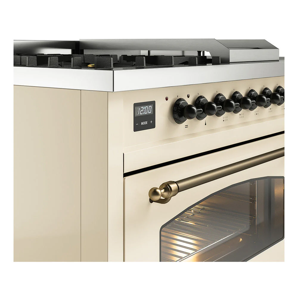 ILVE Nostalgie II 48-Inch Natural Gas Dual Fuel Range with 5 Burners, Griddle, & French Top with Triple Glass Door Oven in Antique White with Bronze Trim (UP48FSNMPAWB) - Image 3