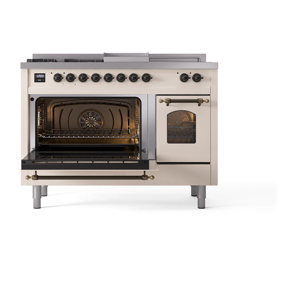 ILVE Nostalgie II 48-Inch Natural Gas Dual Fuel Range with 5 Burners, Griddle, & French Top with Triple Glass Door Oven in Antique White with Bronze Trim (UP48FSNMPAWB) - Image 6
