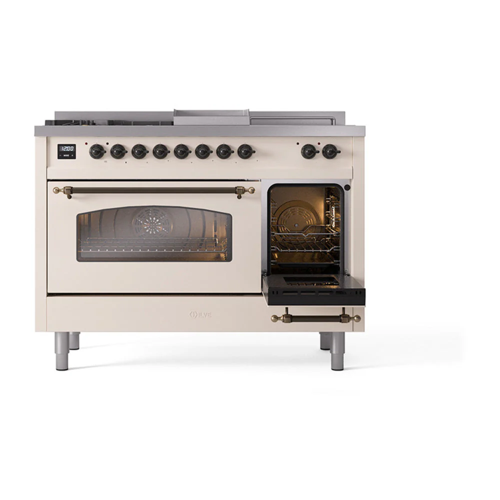 ILVE Nostalgie II 48-Inch Natural Gas Dual Fuel Range with 5 Burners, Griddle, & French Top with Triple Glass Door Oven in Antique White with Bronze Trim (UP48FSNMPAWB) - Image 7