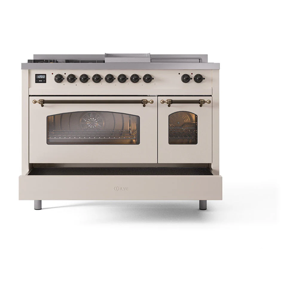 ILVE Nostalgie II 48-Inch Natural Gas Dual Fuel Range with 5 Burners, Griddle, & French Top with Triple Glass Door Oven in Antique White with Bronze Trim (UP48FSNMPAWB) - Image 8