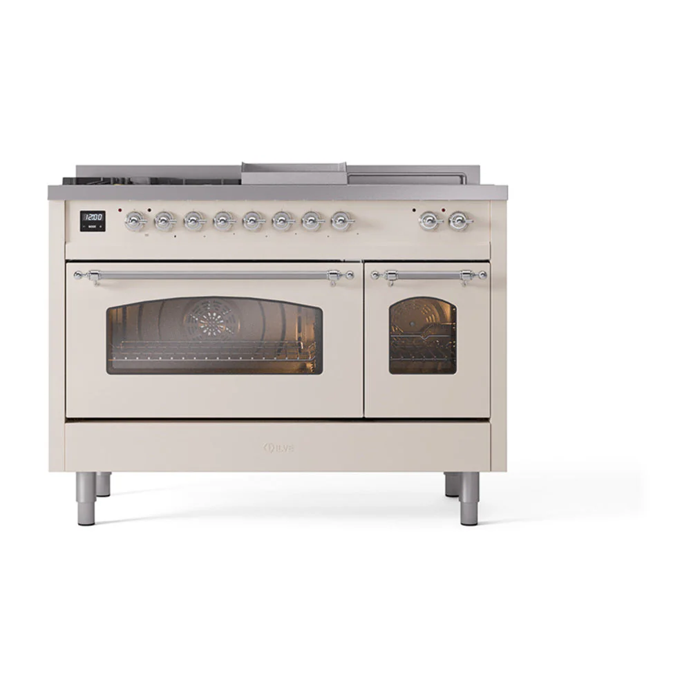 ILVE Nostalgie II 48-Inch Natural Gas Dual Fuel Range with 5 Burners, Griddle, & French Top with Triple Glass Door Oven in Antique White with Chrome Trim (UP48FSNMPAWC) - Image 2