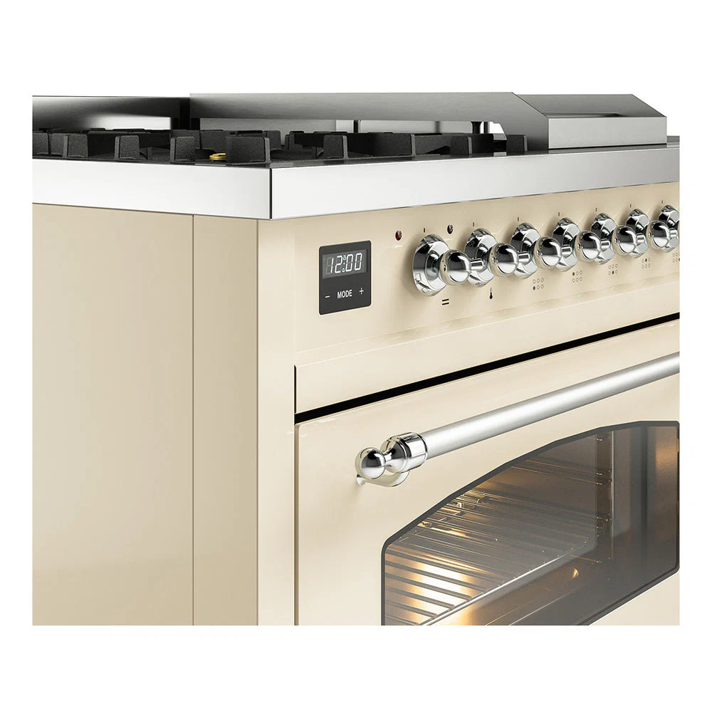 ILVE Nostalgie II 48-Inch Natural Gas Dual Fuel Range with 5 Burners, Griddle, & French Top with Triple Glass Door Oven in Antique White with Chrome Trim (UP48FSNMPAWC) - Image 3
