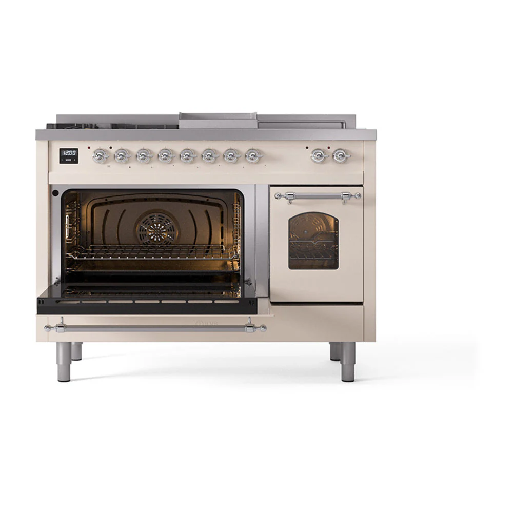 ILVE Nostalgie II 48-Inch Natural Gas Dual Fuel Range with 5 Burners, Griddle, & French Top with Triple Glass Door Oven in Antique White with Chrome Trim (UP48FSNMPAWC) - Image 6