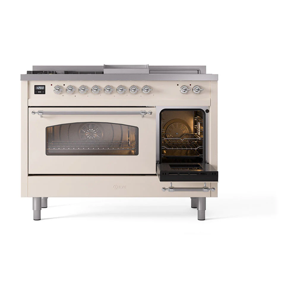 ILVE Nostalgie II 48-Inch Natural Gas Dual Fuel Range with 5 Burners, Griddle, & French Top with Triple Glass Door Oven in Antique White with Chrome Trim (UP48FSNMPAWC) - Image 7