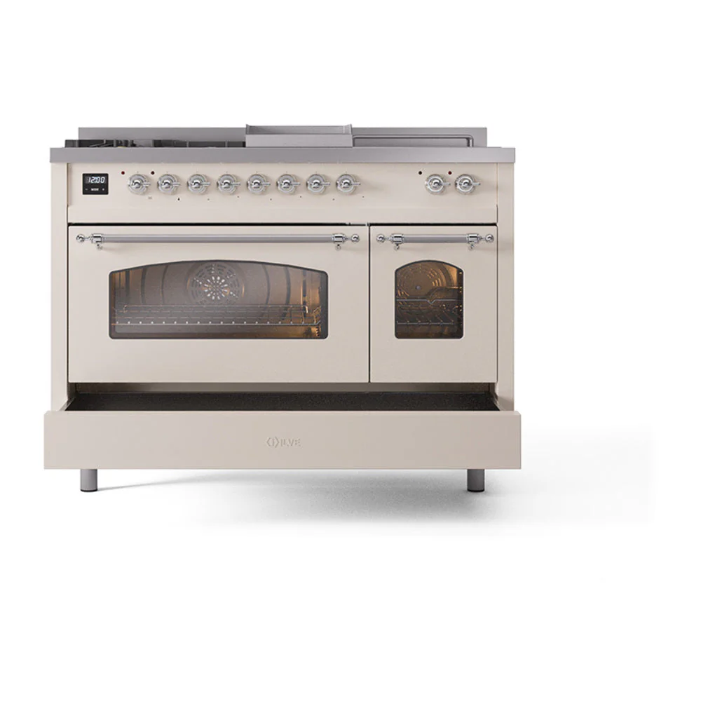 ILVE Nostalgie II 48-Inch Natural Gas Dual Fuel Range with 5 Burners, Griddle, & French Top with Triple Glass Door Oven in Antique White with Chrome Trim (UP48FSNMPAWC) - Image 8
