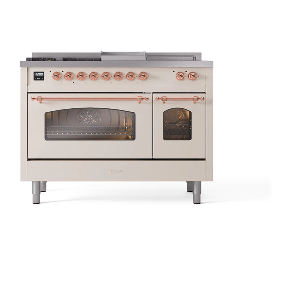 ILVE Nostalgie II 48-Inch Natural Gas Dual Fuel Range with 5 Burners, Griddle, & French Top with Triple Glass Door Oven in Antique White with Copper Trim (UP48FSNMPAWP) - Image 2