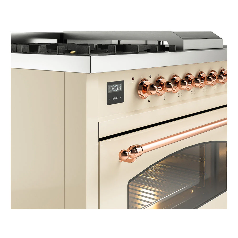 ILVE Nostalgie II 48-Inch Natural Gas Dual Fuel Range with 5 Burners, Griddle, & French Top with Triple Glass Door Oven in Antique White with Copper Trim (UP48FSNMPAWP) - Image 3