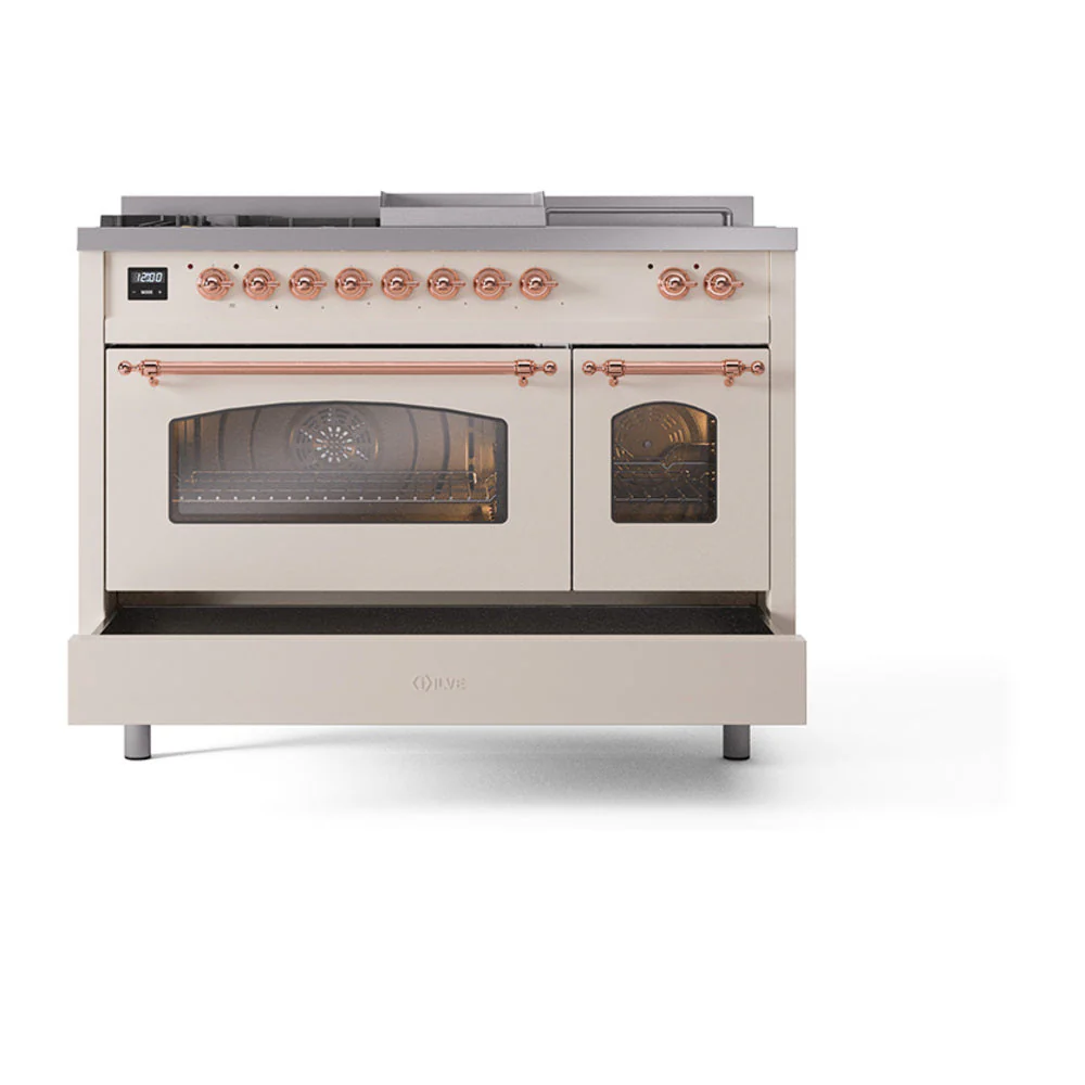 ILVE Nostalgie II 48-Inch Natural Gas Dual Fuel Range with 5 Burners, Griddle, & French Top with Triple Glass Door Oven in Antique White with Copper Trim (UP48FSNMPAWP) - Image 6