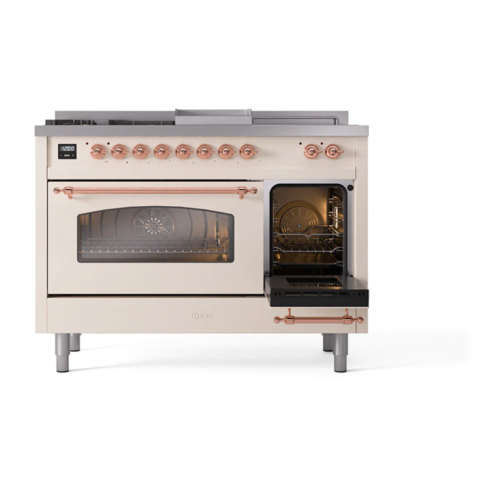 ILVE Nostalgie II 48-Inch Natural Gas Dual Fuel Range with 5 Burners, Griddle, & French Top with Triple Glass Door Oven in Antique White with Copper Trim (UP48FSNMPAWP) - Image 7
