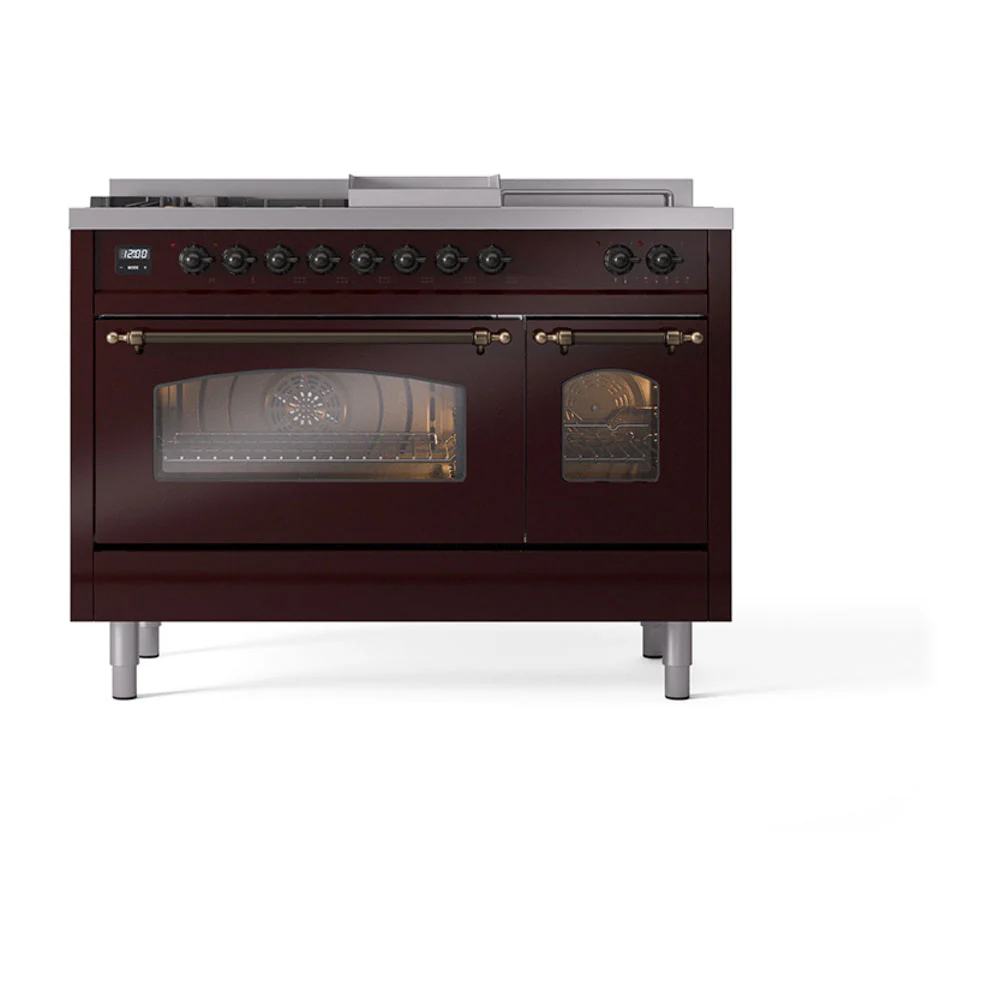 ILVE Nostalgie II 48-Inch Natural Gas Dual Fuel Range with 5 Burners, Griddle, & French Top with Triple Glass Door Oven in Burgundy with Bronze Trim (UP48FSNMPBUB) - Image 2