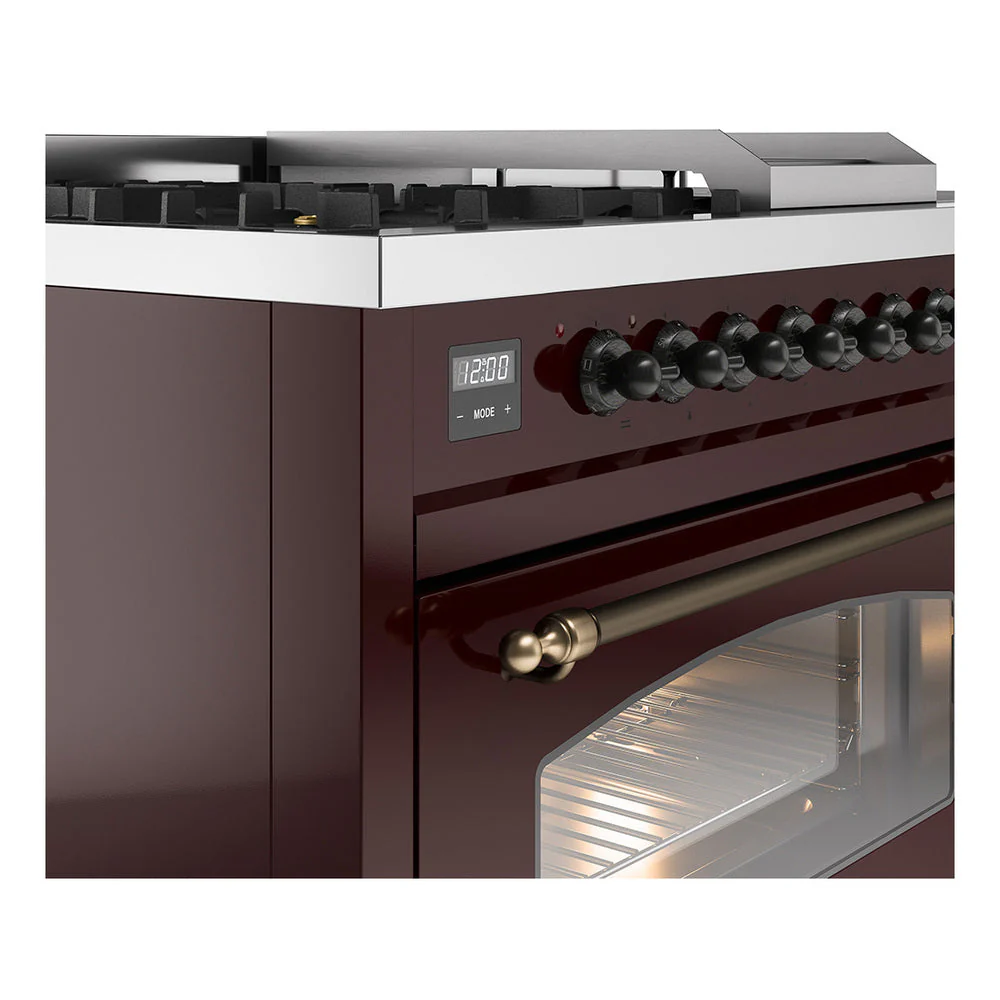 ILVE Nostalgie II 48-Inch Natural Gas Dual Fuel Range with 5 Burners, Griddle, & French Top with Triple Glass Door Oven in Burgundy with Bronze Trim (UP48FSNMPBUB) - Image 3