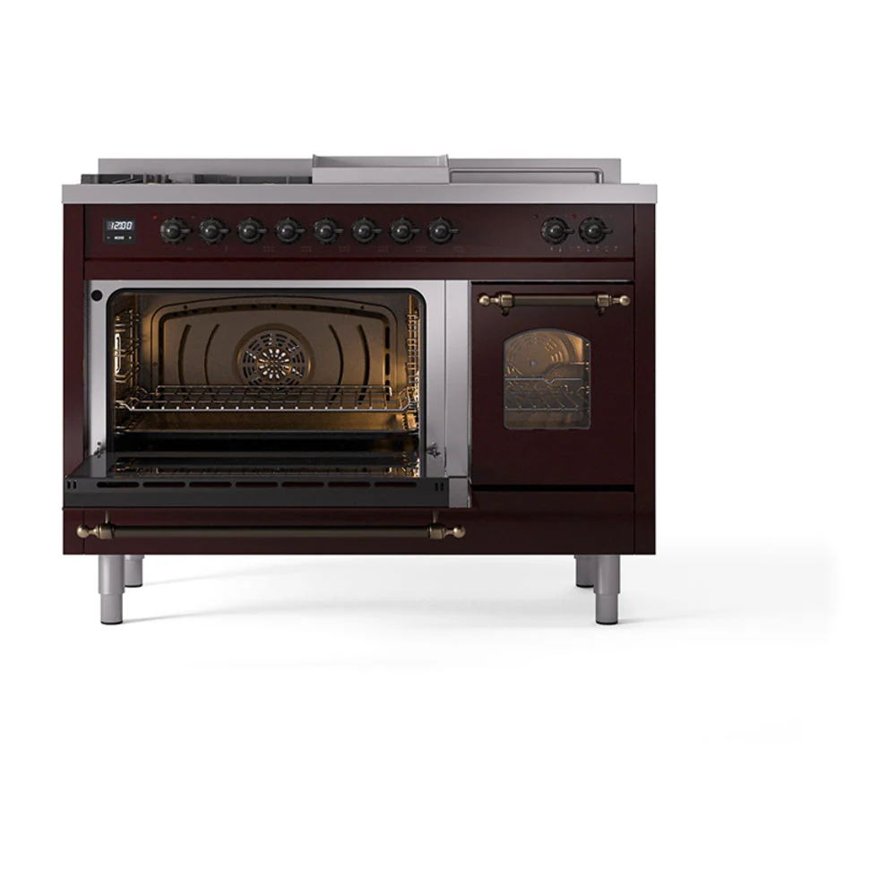 ILVE Nostalgie II 48-Inch Natural Gas Dual Fuel Range with 5 Burners, Griddle, & French Top with Triple Glass Door Oven in Burgundy with Bronze Trim (UP48FSNMPBUB) - Image 5