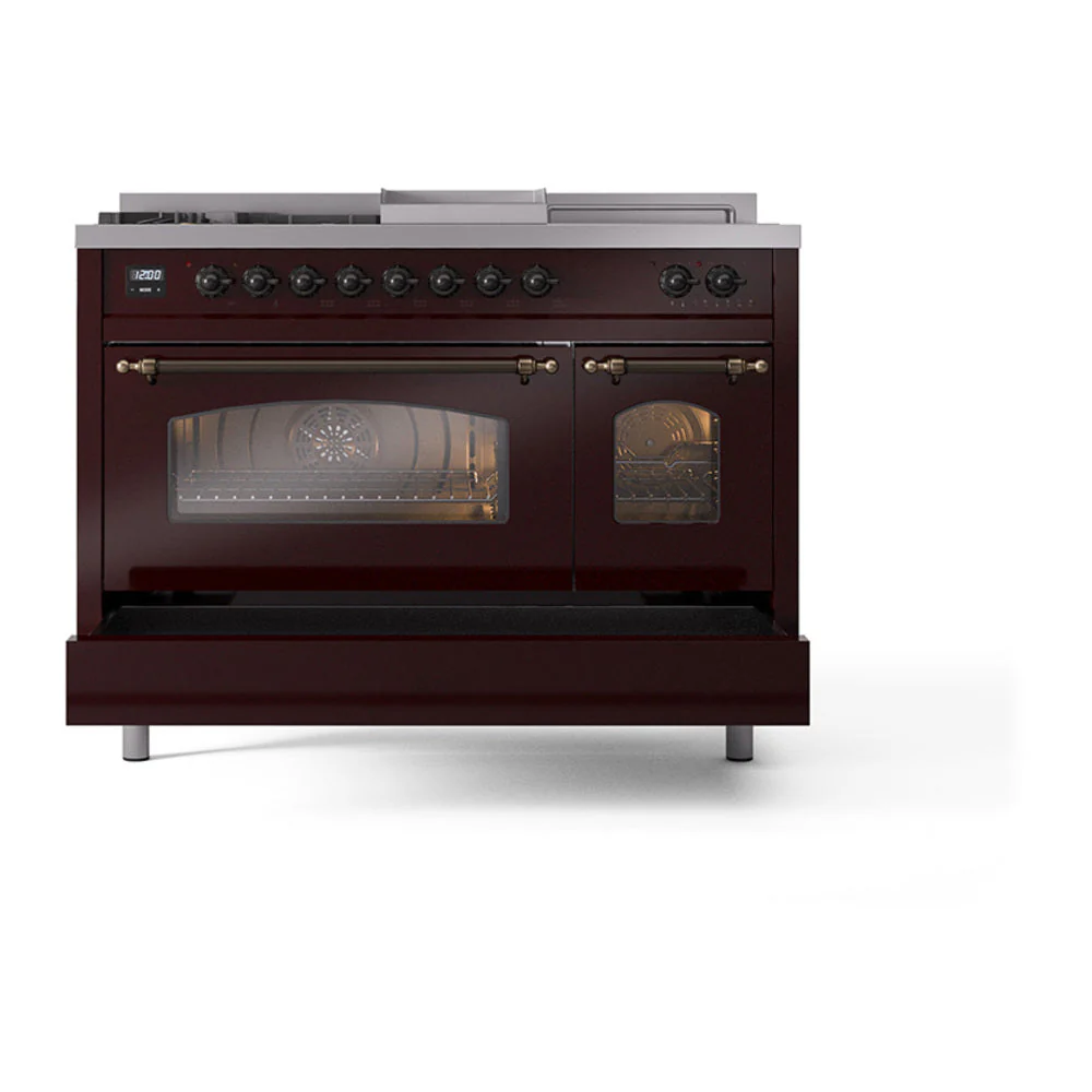 ILVE Nostalgie II 48-Inch Natural Gas Dual Fuel Range with 5 Burners, Griddle, & French Top with Triple Glass Door Oven in Burgundy with Bronze Trim (UP48FSNMPBUB) - Image 6