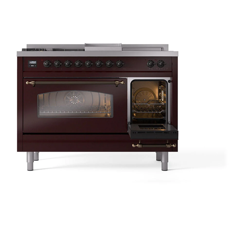 ILVE Nostalgie II 48-Inch Natural Gas Dual Fuel Range with 5 Burners, Griddle, & French Top with Triple Glass Door Oven in Burgundy with Bronze Trim (UP48FSNMPBUB) - Image 8