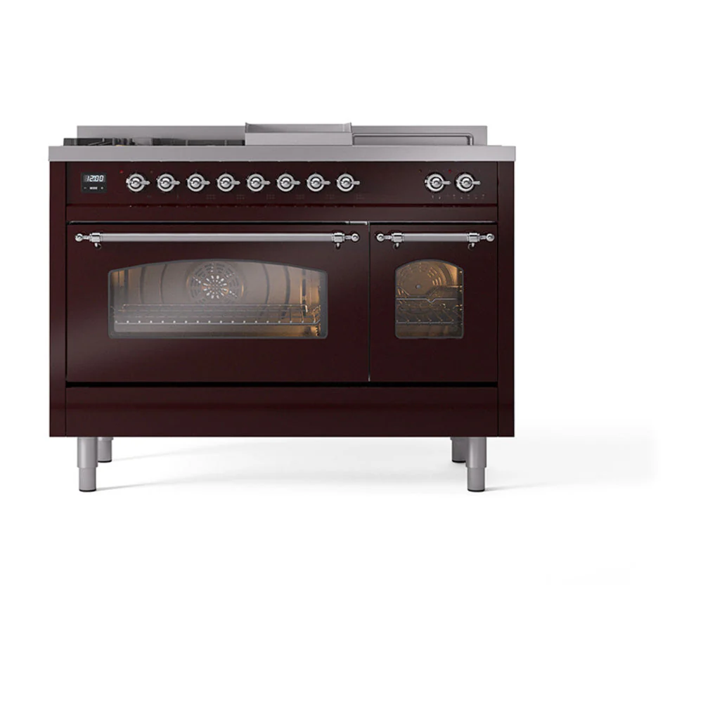 ILVE Nostalgie II 48-Inch Natural Gas Dual Fuel Range with 5 Burners, Griddle, & French Top with Triple Glass Door Oven in Burgundy with Chrome Trim (UP48FSNMPBUC) - Image 2