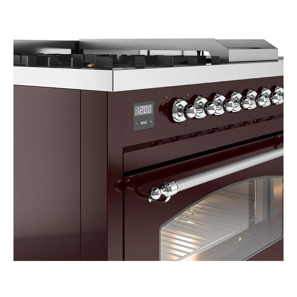 ILVE Nostalgie II 48-Inch Natural Gas Dual Fuel Range with 5 Burners, Griddle, & French Top with Triple Glass Door Oven in Burgundy with Chrome Trim (UP48FSNMPBUC) - Image 3