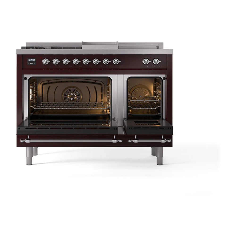 ILVE Nostalgie II 48-Inch Natural Gas Dual Fuel Range with 5 Burners, Griddle, & French Top with Triple Glass Door Oven in Burgundy with Chrome Trim (UP48FSNMPBUC) - Image 5