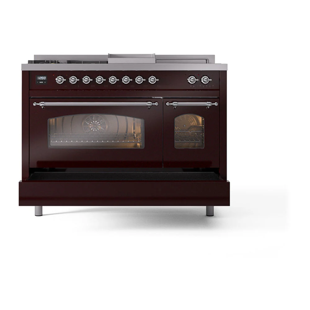 ILVE Nostalgie II 48-Inch Natural Gas Dual Fuel Range with 5 Burners, Griddle, & French Top with Triple Glass Door Oven in Burgundy with Chrome Trim (UP48FSNMPBUC) - Image 6