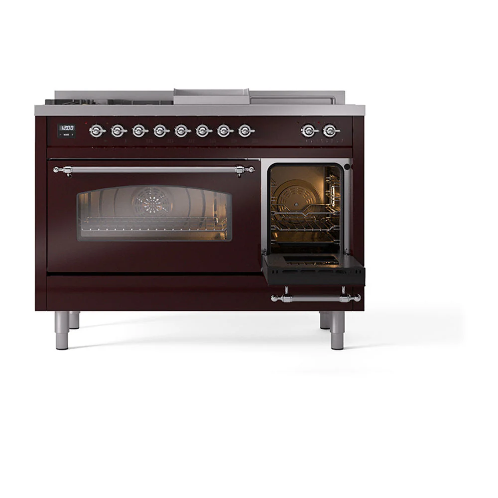 ILVE Nostalgie II 48-Inch Natural Gas Dual Fuel Range with 5 Burners, Griddle, & French Top with Triple Glass Door Oven in Burgundy with Chrome Trim (UP48FSNMPBUC) - Image 8