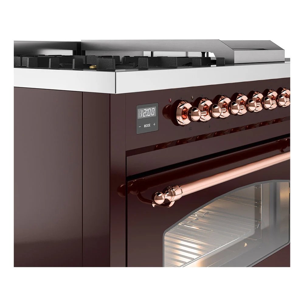 ILVE Nostalgie II 48-Inch Natural Gas Dual Fuel Range with 5 Burners, Griddle, & French Top with Triple Glass Door Oven in Burgundy with Copper Trim (UP48FSNMPBUP) - Image 3