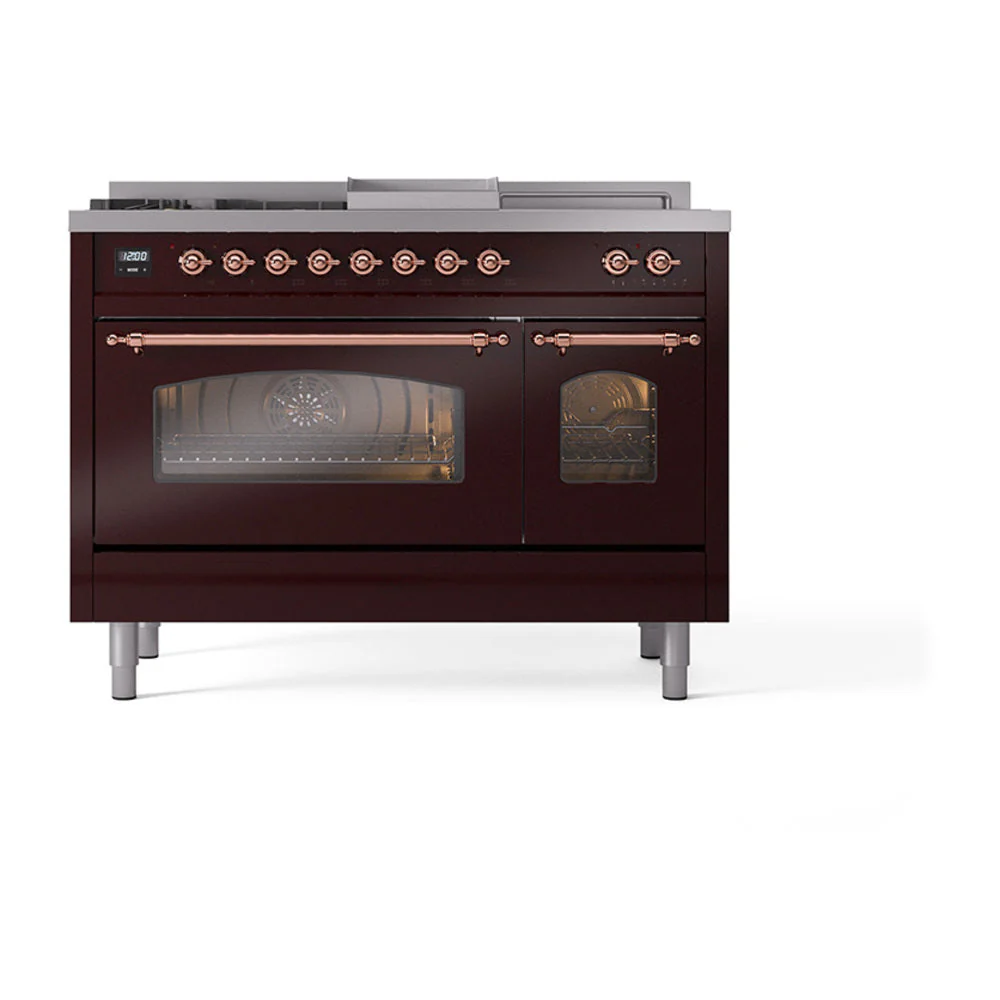 ILVE Nostalgie II 48-Inch Natural Gas Dual Fuel Range with 5 Burners, Griddle, & French Top with Triple Glass Door Oven in Burgundy with Copper Trim (UP48FSNMPBUP) - Image 6