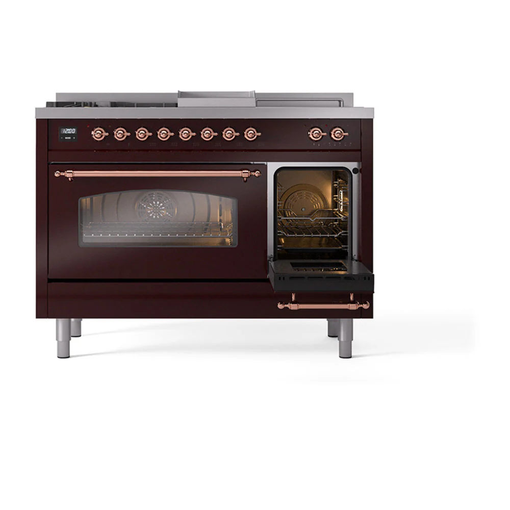 ILVE Nostalgie II 48-Inch Natural Gas Dual Fuel Range with 5 Burners, Griddle, & French Top with Triple Glass Door Oven in Burgundy with Copper Trim (UP48FSNMPBUP) - Image 7