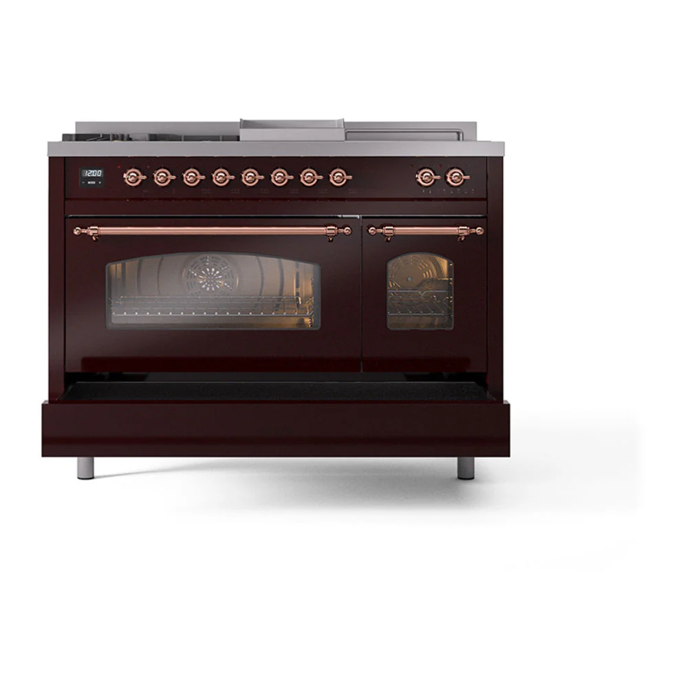 ILVE Nostalgie II 48-Inch Natural Gas Dual Fuel Range with 5 Burners, Griddle, & French Top with Triple Glass Door Oven in Burgundy with Copper Trim (UP48FSNMPBUP) - Image 8