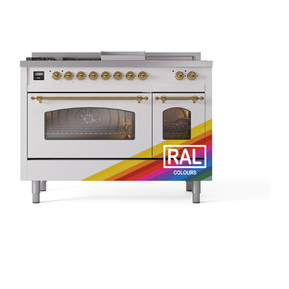 ILVE Nostalgie II 48-Inch Natural Gas Dual Fuel Range with 5 Burners, Griddle, & French Top with Triple Glass Door Oven in Custom RAL with Brass Trim (UP48FSNMPRAG) - Image 2