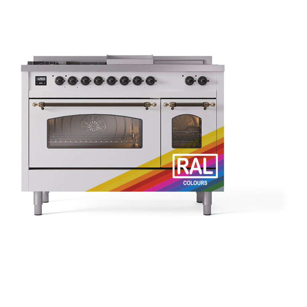 ILVE Nostalgie II 48-Inch Natural Gas Dual Fuel Range with 5 Burners, Griddle, & French Top with Triple Glass Door Oven in Custom RAL with Bronze Trim (UP48FSNMPRAB) - Image 2