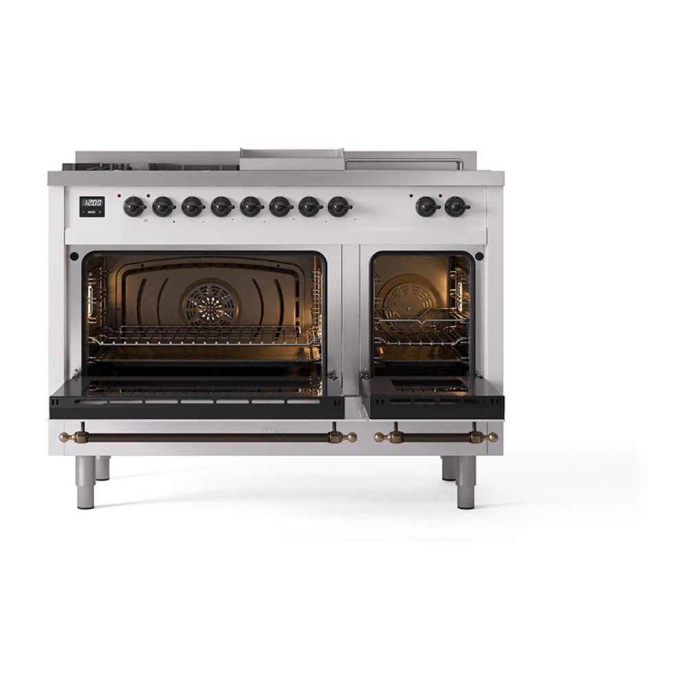 ILVE Nostalgie II 48-Inch Natural Gas Dual Fuel Range with 5 Burners, Griddle, & French Top with Triple Glass Door Oven in Custom RAL with Bronze Trim (UP48FSNMPRAB) - Image 3
