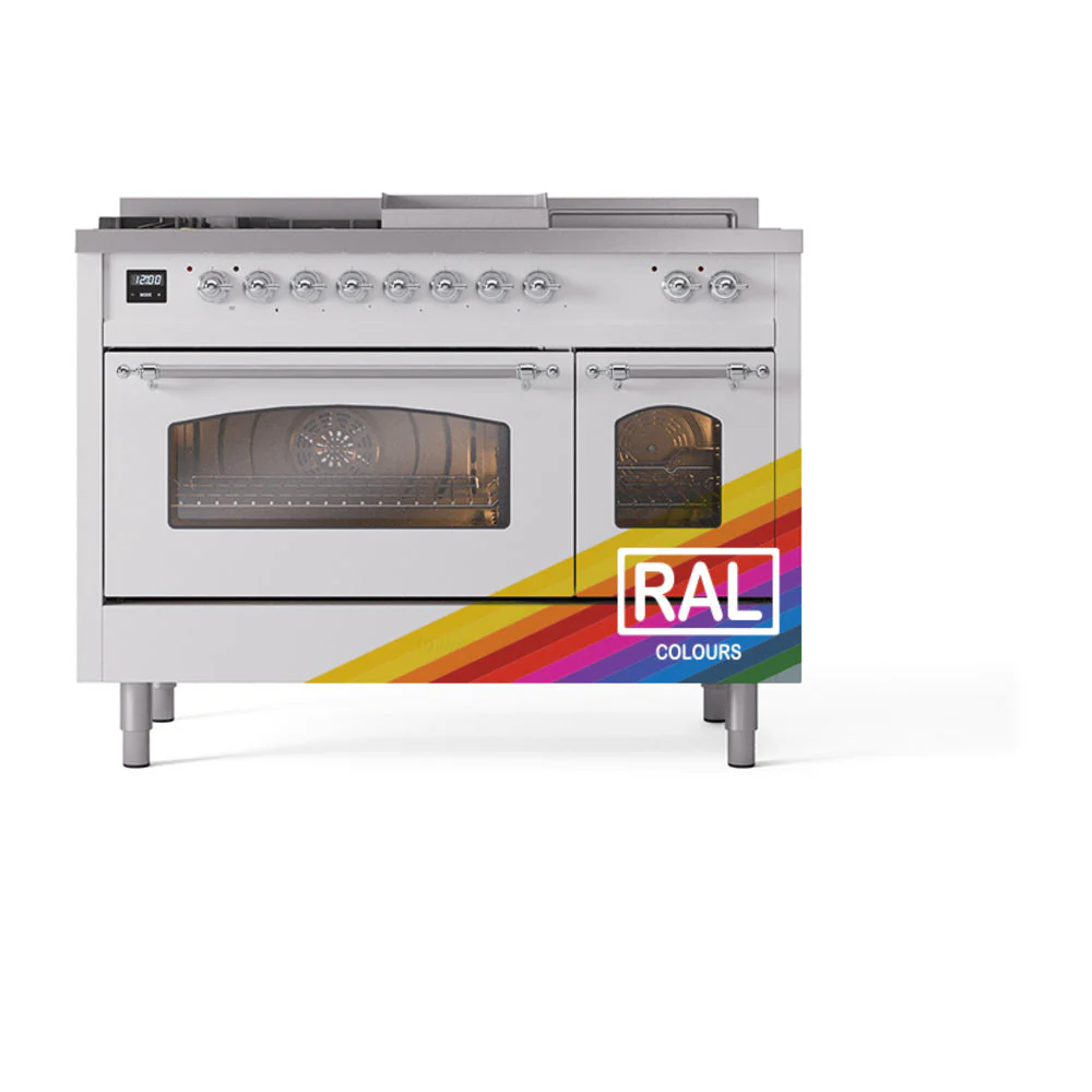 ILVE Nostalgie II 48-Inch Natural Gas Dual Fuel Range with 5 Burners, Griddle, & French Top with Triple Glass Door Oven in Custom RAL with Chrome Trim (UP48FSNMPRAC) - Image 2