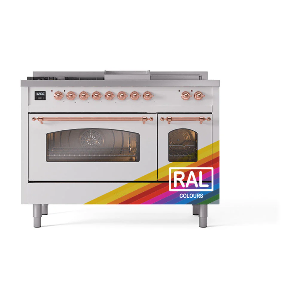 ILVE Nostalgie II 48-Inch Natural Gas Dual Fuel Range with 5 Burners, Griddle, & French Top with Triple Glass Door Oven in Custom RAL with Copper Trim (UP48FSNMPRAP) - Image 2