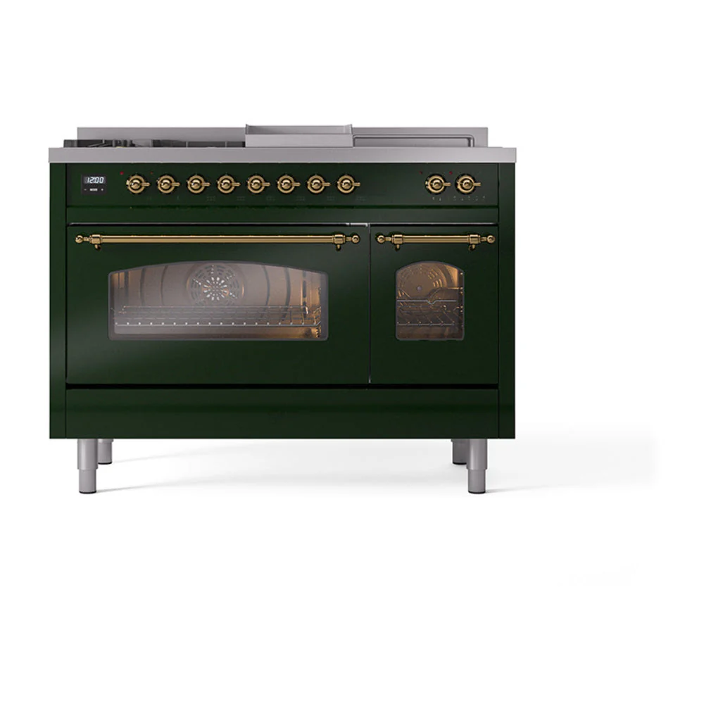 ILVE Nostalgie II 48-Inch Natural Gas Dual Fuel Range with 5 Burners, Griddle, & French Top with Triple Glass Door Oven in Emerald Green with Brass Trim (UP48FSNMPEGG) - Image 2