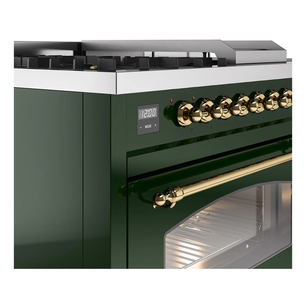 ILVE Nostalgie II 48-Inch Natural Gas Dual Fuel Range with 5 Burners, Griddle, & French Top with Triple Glass Door Oven in Emerald Green with Brass Trim (UP48FSNMPEGG) - Image 3