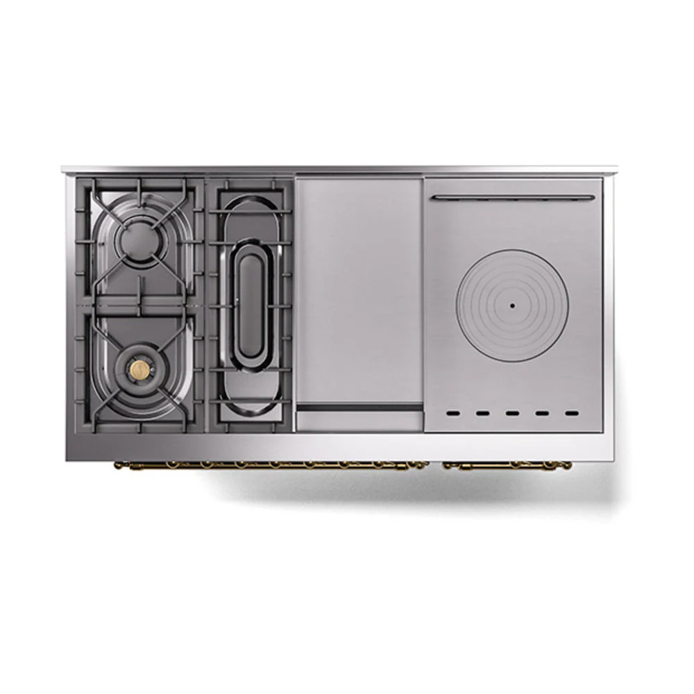 ILVE Nostalgie II 48-Inch Natural Gas Dual Fuel Range with 5 Burners, Griddle, & French Top with Triple Glass Door Oven in Emerald Green with Brass Trim (UP48FSNMPEGG) - Image 4