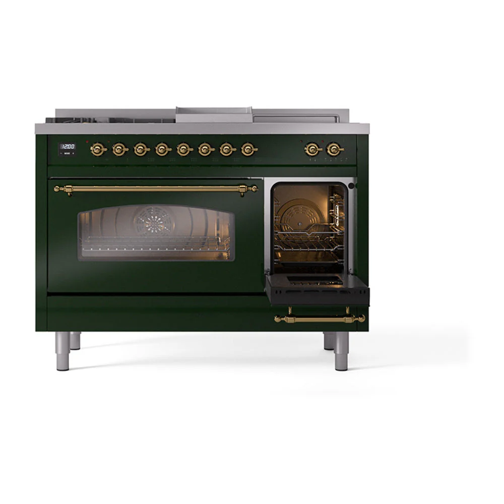 ILVE Nostalgie II 48-Inch Natural Gas Dual Fuel Range with 5 Burners, Griddle, & French Top with Triple Glass Door Oven in Emerald Green with Brass Trim (UP48FSNMPEGG) - Image 7