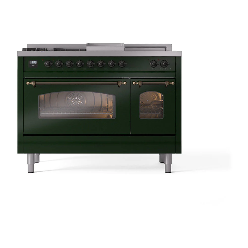 ILVE Nostalgie II 48-Inch Natural Gas Dual Fuel Range with 5 Burners, Griddle, & French Top with Triple Glass Door Oven in Emerald Green with Bronze Trim (UP48FSNMPEGB) - Image 2