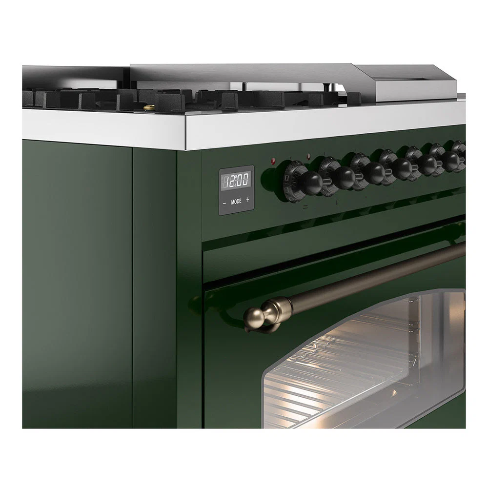 ILVE Nostalgie II 48-Inch Natural Gas Dual Fuel Range with 5 Burners, Griddle, & French Top with Triple Glass Door Oven in Emerald Green with Bronze Trim (UP48FSNMPEGB) - Image 3
