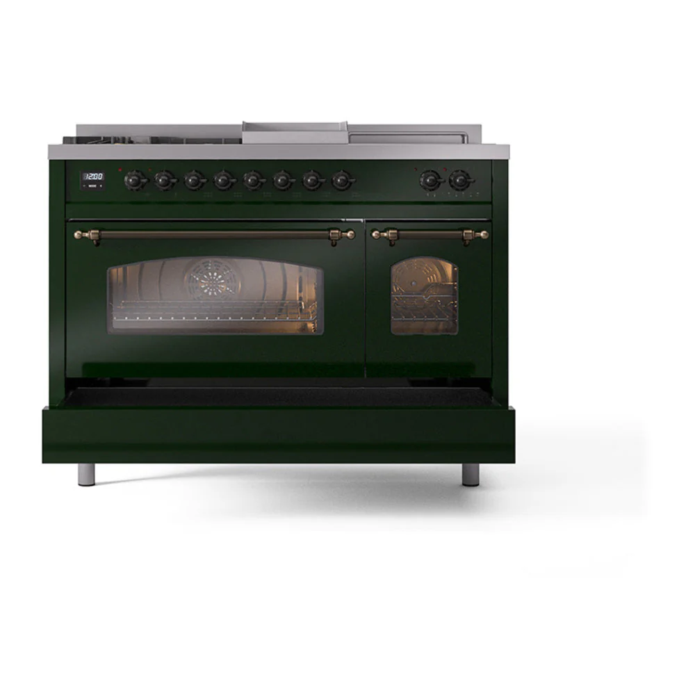 ILVE Nostalgie II 48-Inch Natural Gas Dual Fuel Range with 5 Burners, Griddle, & French Top with Triple Glass Door Oven in Emerald Green with Bronze Trim (UP48FSNMPEGB) - Image 6